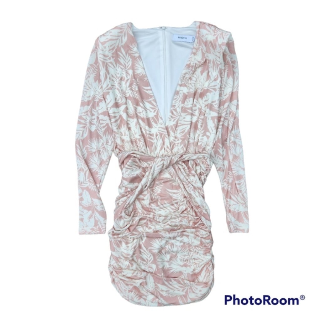 Misha Collection Revolve Faux Wrap Dress Mini Allover Tropical Print Long Sleeve